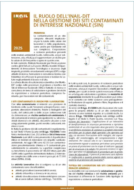 Il ruolo dell’Inail-Dit nella gestione dei Siti contaminati di Interesse Nazionale Il ruolo dell’Inail-Dit nella gestione dei Siti contaminati di Interesse Nazionale